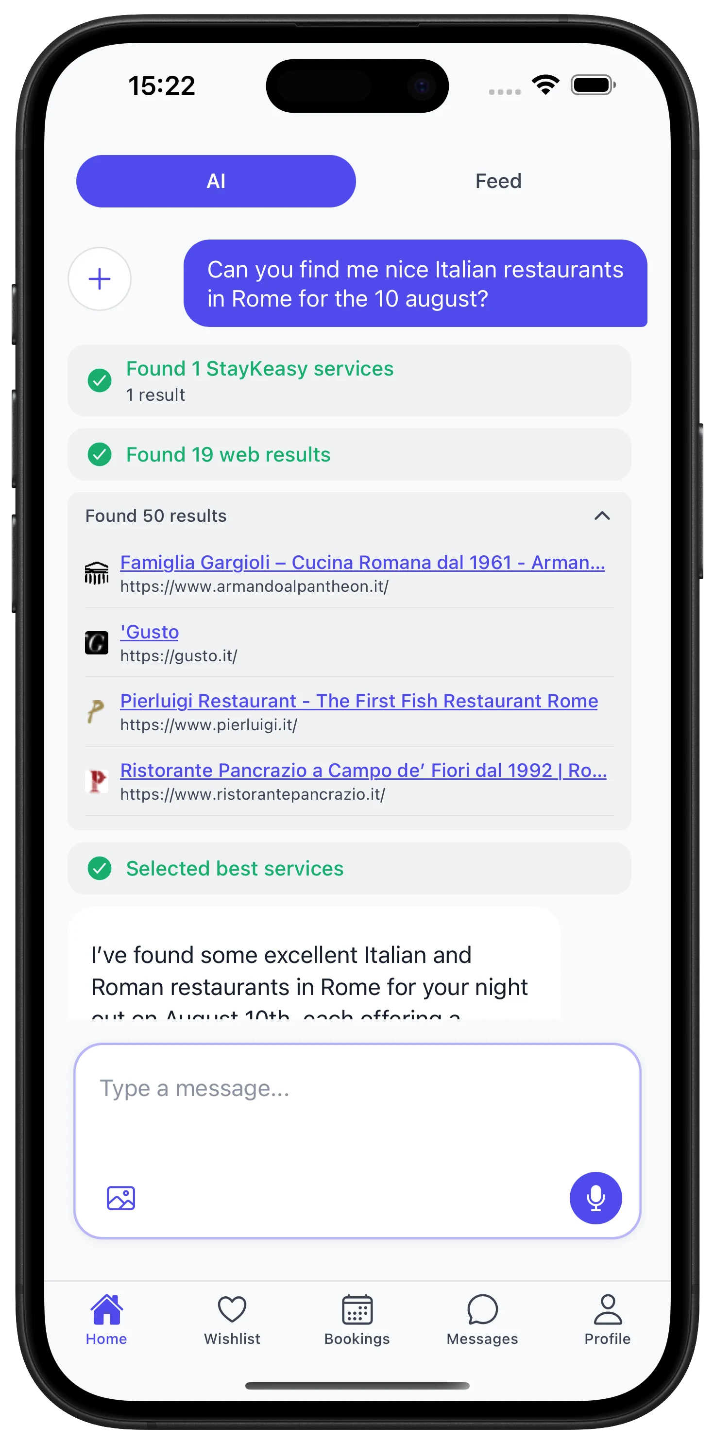 StayKeasy AI Search Results - Find restaurants with web and StayKeasy services